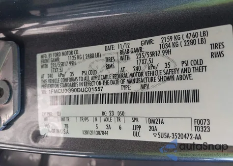 2013 Ford Escape Se from USA, damaged, VIN 1FMCU0G90DUC01557